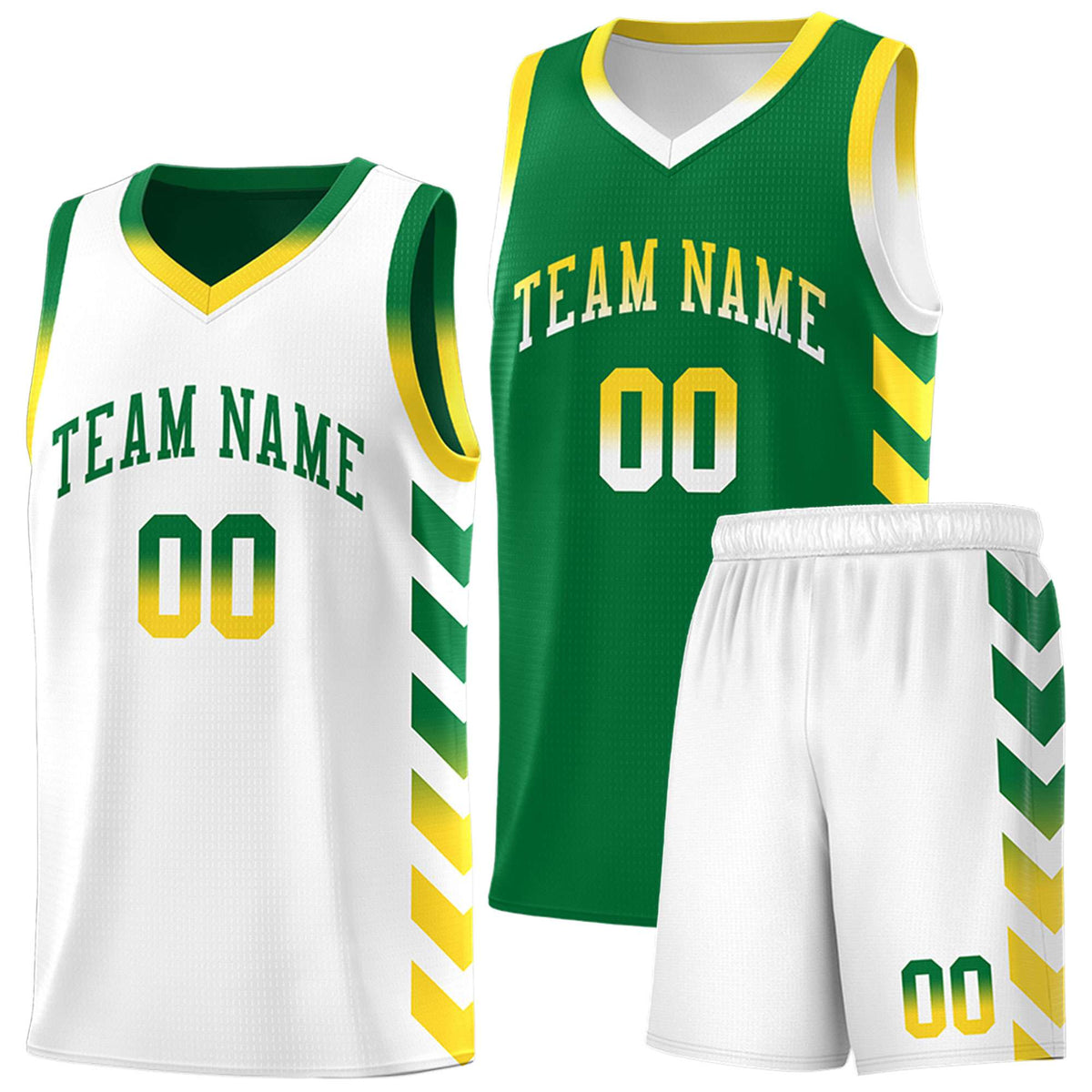 Custom White Kelly Green Reversible Basketball Jersey Kits - Side Arrow Kelly Green Gold Gradient