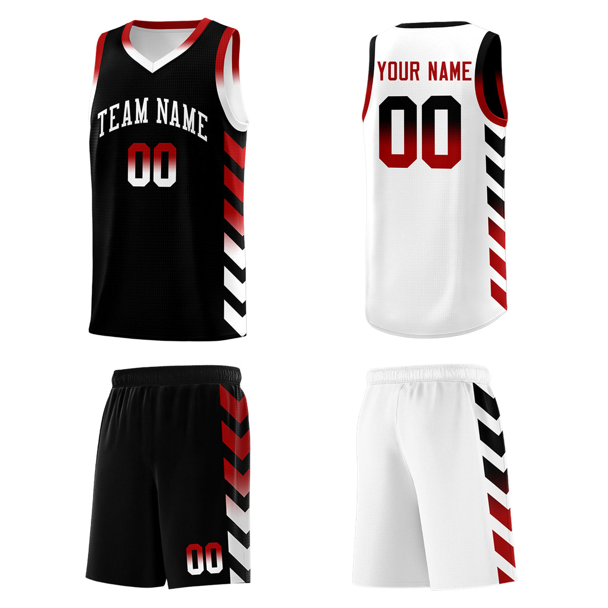 Custom White Black Reversible Basketball Jersey Kits - Side Arrow Black Red Gradient