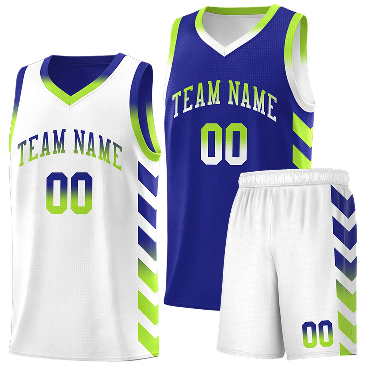 Custom White Royal Reversible Basketball Jersey Kits - Side Arrow Royal Neon Green Gradient