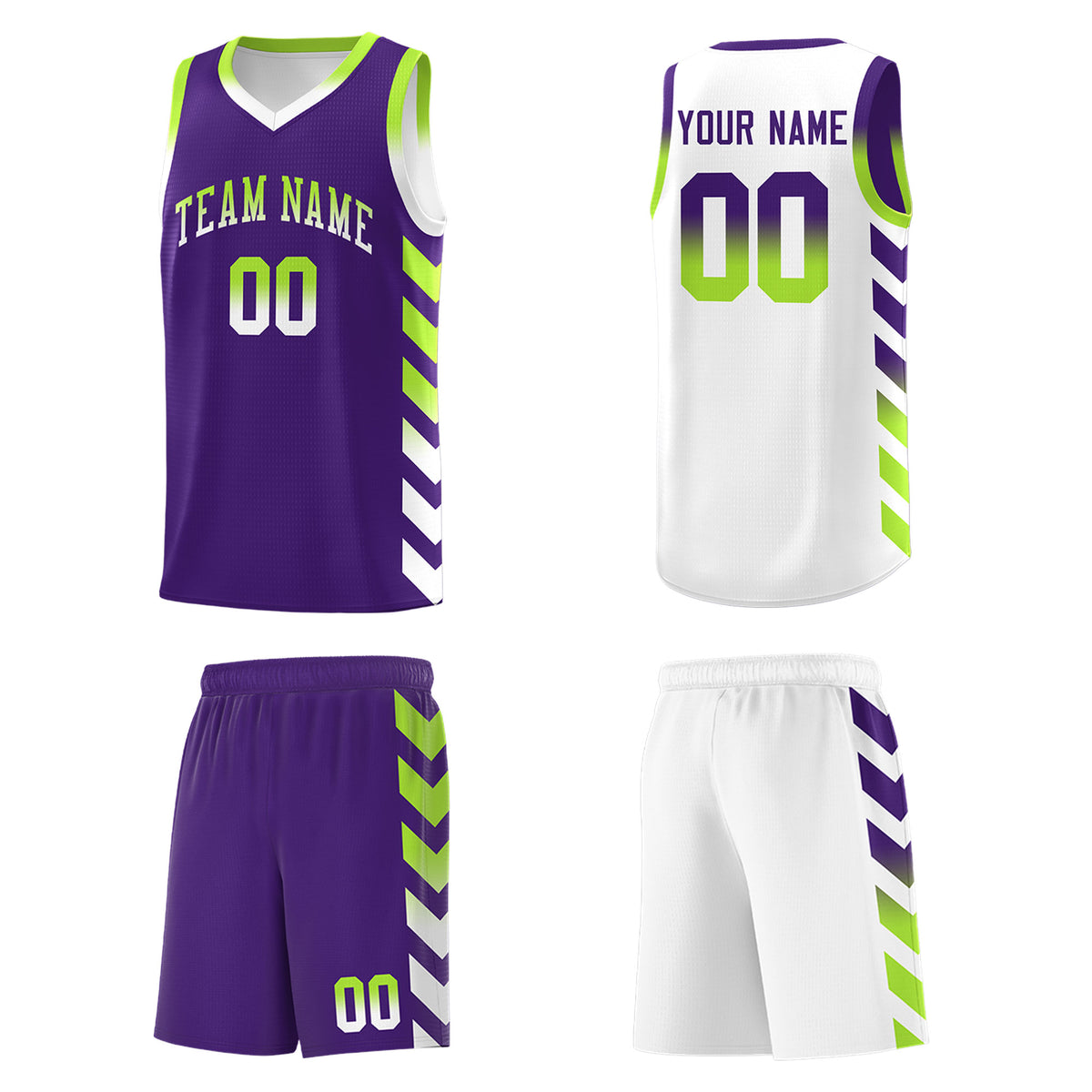 Custom White Purple Reversible Basketball Jersey Kits - Side Arrow Purple Neon Green Gradient