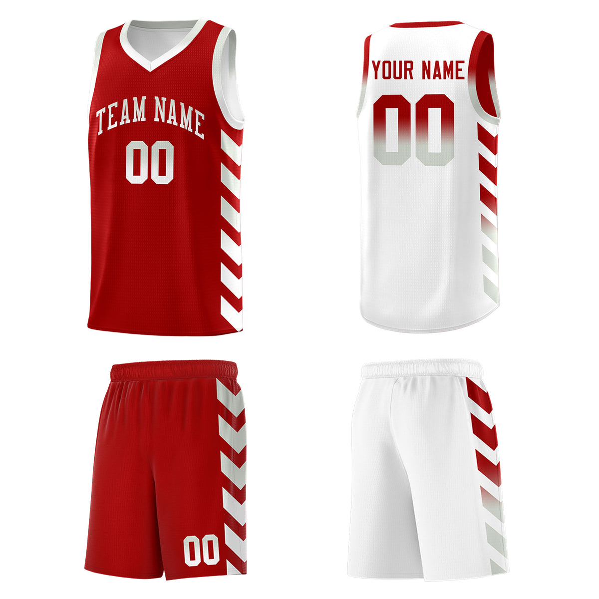 Custom White Red Reversible Basketball Jersey Kits - Side Arrow Red Gray Gradient