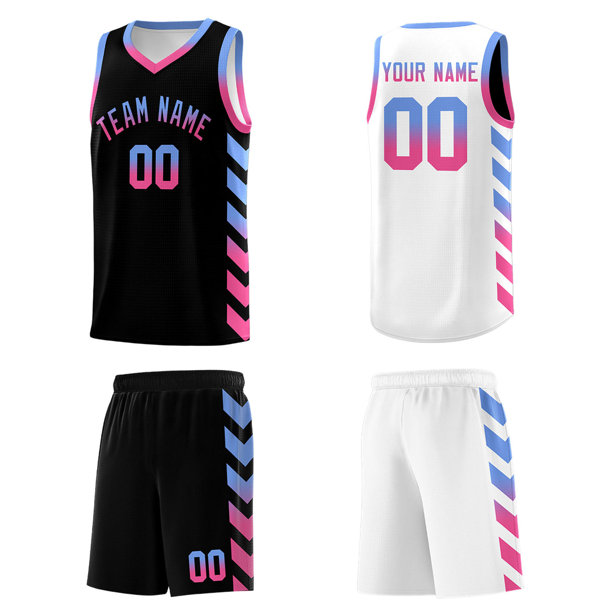 Custom White Black Reversible Basketball Jersey Kits - Side Arrow Light Blue Pink Gradient