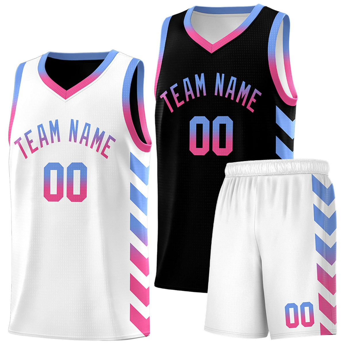 Custom White Black Reversible Basketball Jersey Kits - Side Arrow Light Blue Pink Gradient