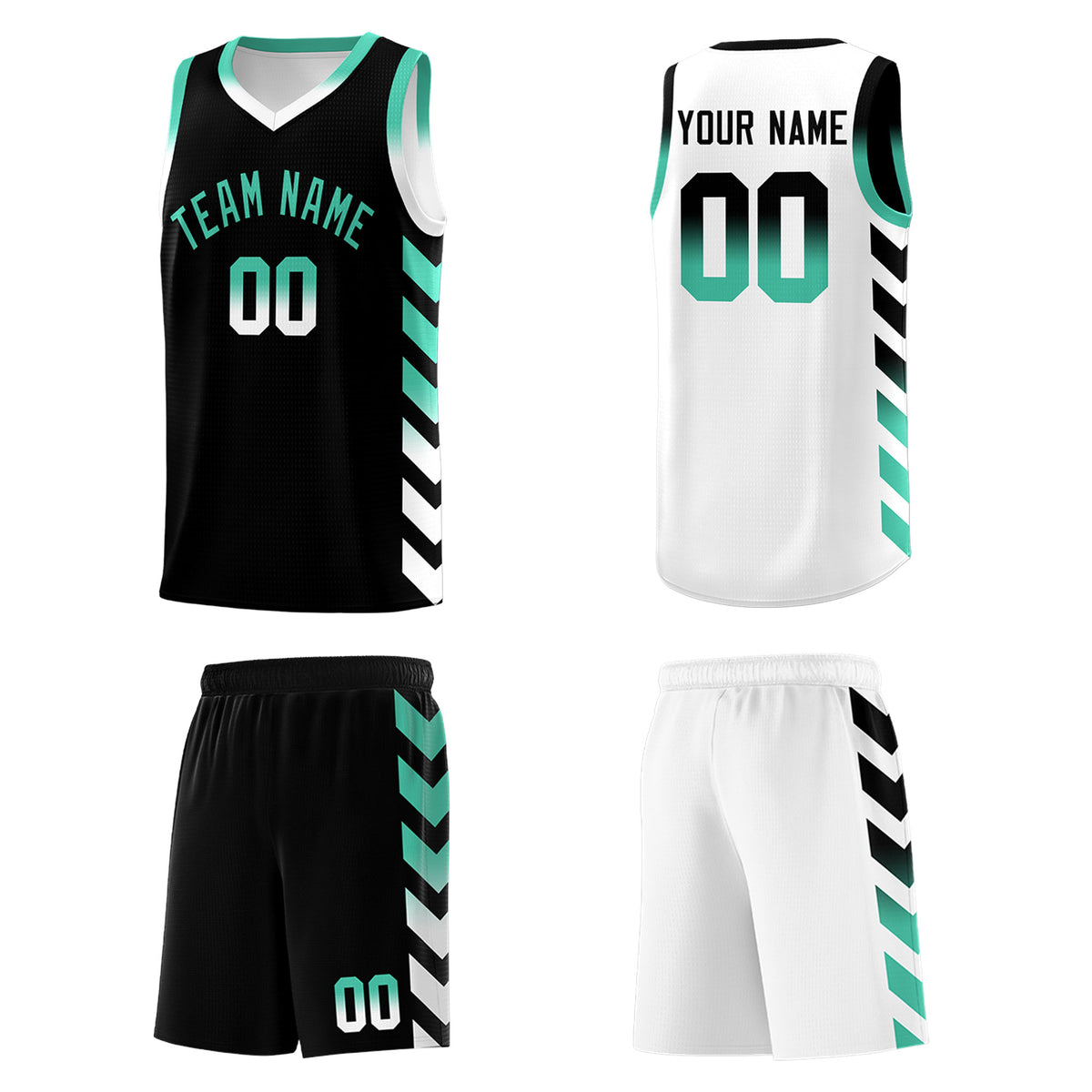 Custom White Black Reversible Basketball Jersey Kits - Side Arrow Black Bright Green Gradient