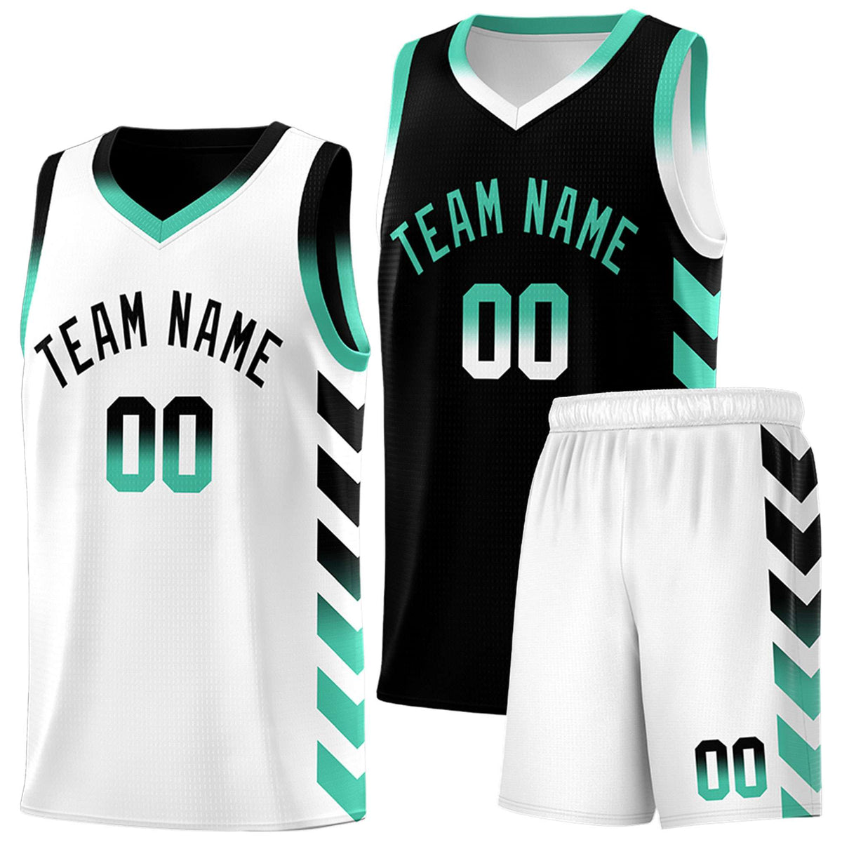Custom White Black Reversible Basketball Jersey Kits - Side Arrow Black Bright Green Gradient