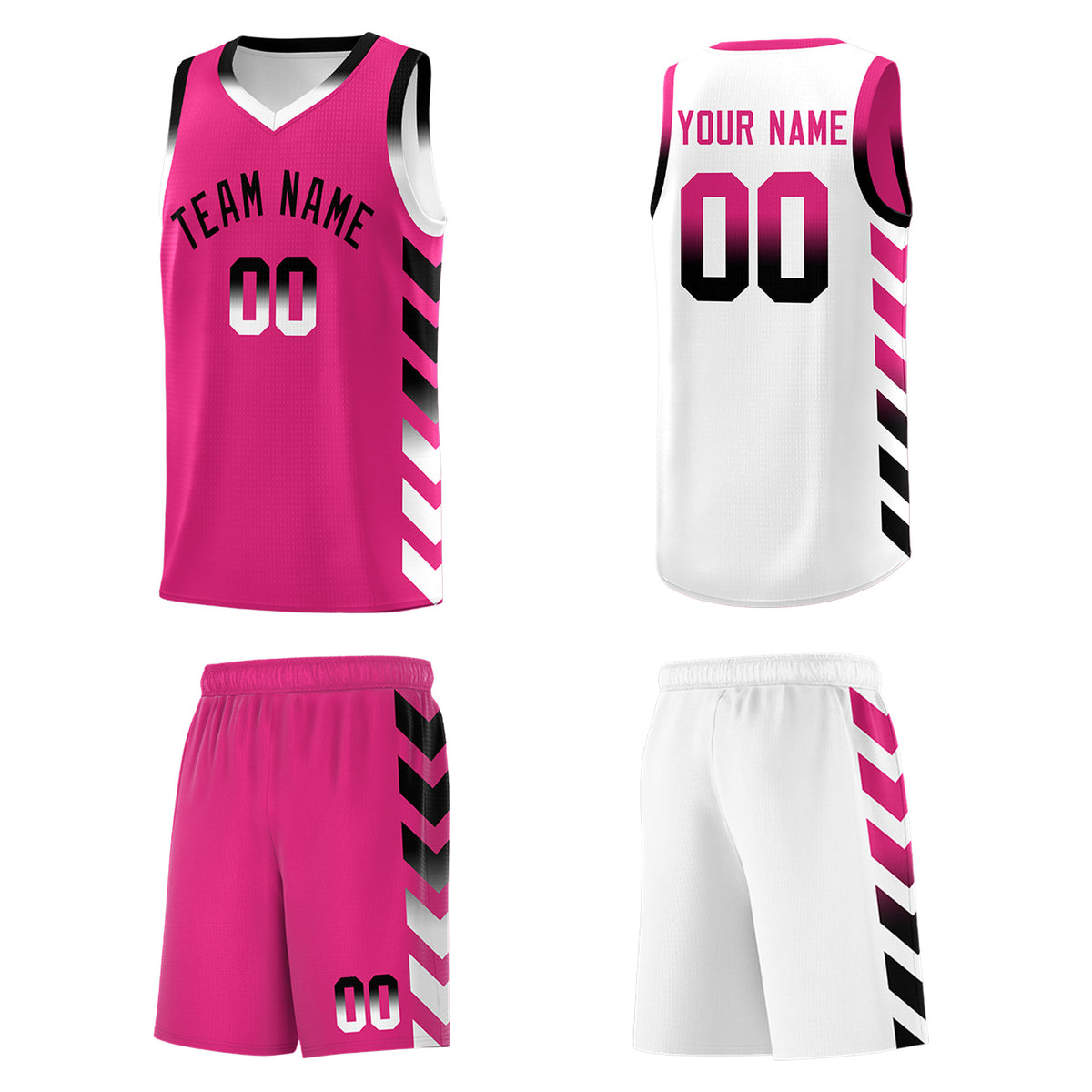 Custom White Pink Reversible Basketball Jersey Kits - Side Arrow Pink Black Gradient