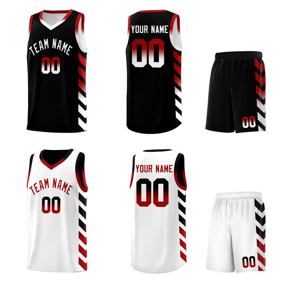 Custom White Black Reversible Basketball Jersey Kits - Side Arrow Black Red Gradient