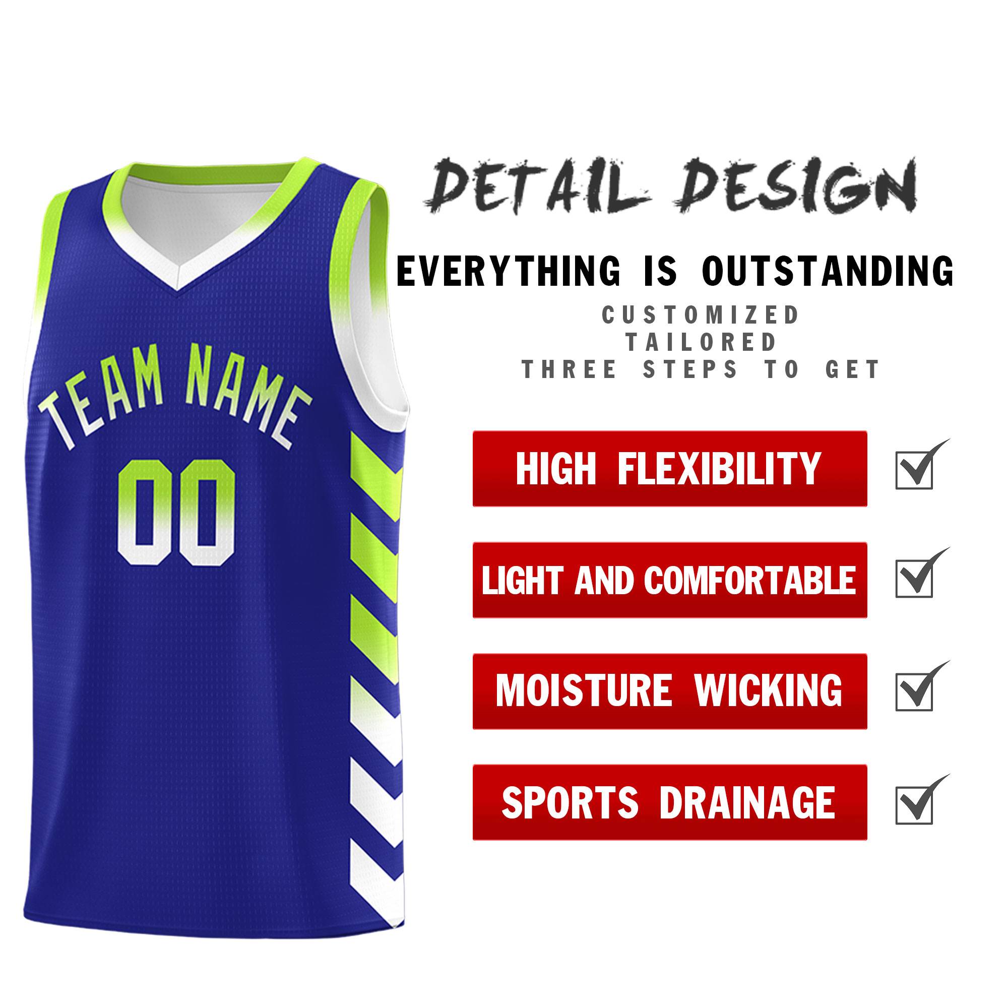 Custom White Royal Reversible Basketball Jersey Kits - Side Arrow Royal Neon Green Gradient