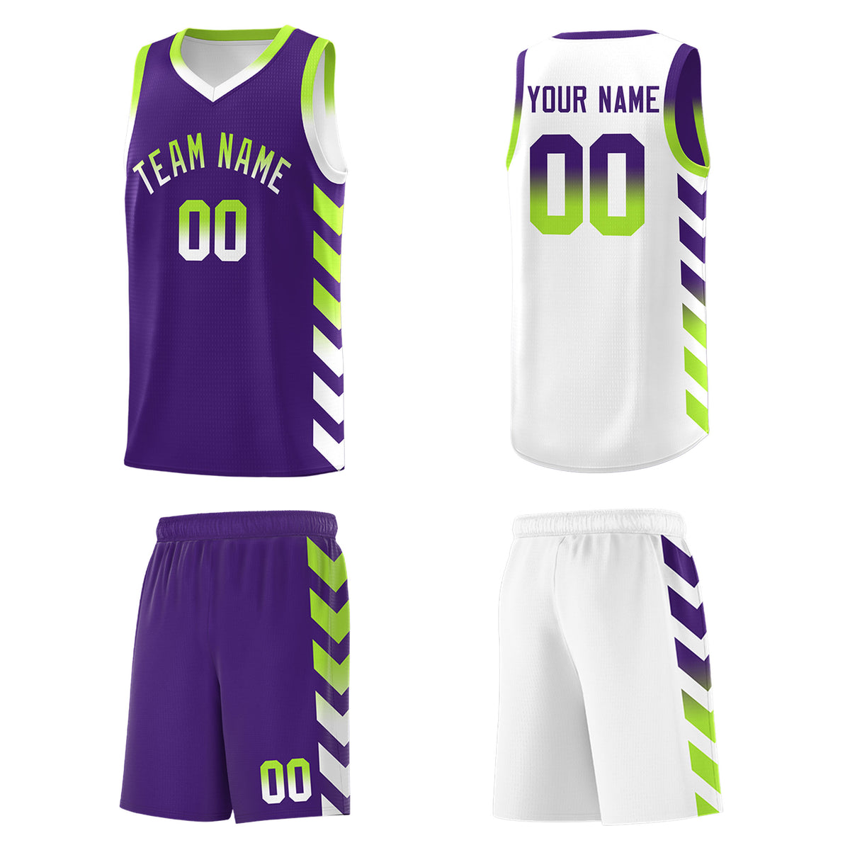 Custom White Purple Reversible Basketball Jersey Kits - Side Arrow Purple Neon Green Gradient