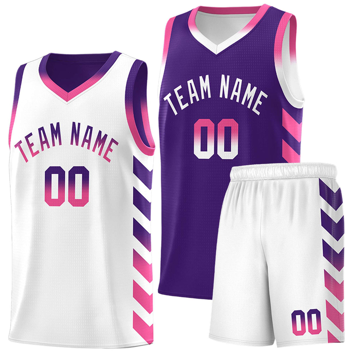 Custom White Purple Reversible Basketball Jersey Kits - Side Arrow Purple Pink Gradient