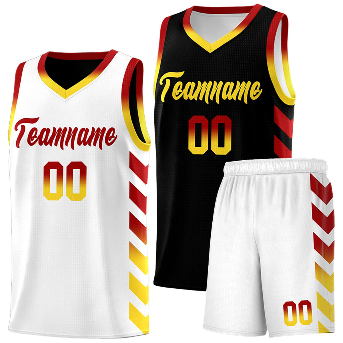 Custom White Black Reversible Basketball Jersey Kits - Side Arrow Red Gold Gradient