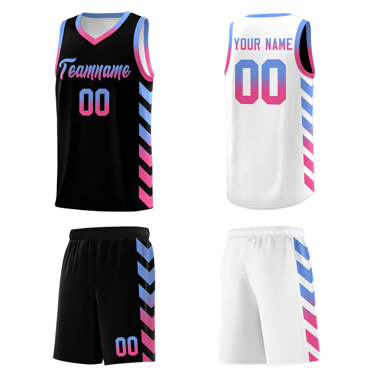 Custom White Black Reversible Basketball Jersey Kits - Side Arrow Light Blue Pink Gradient