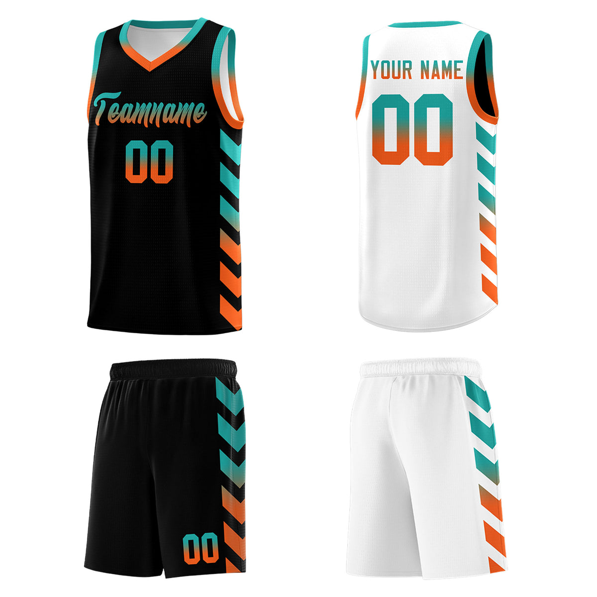 Custom White Black Reversible Basketball Jersey Kits - Side Arrow Aqua Orange Gradient