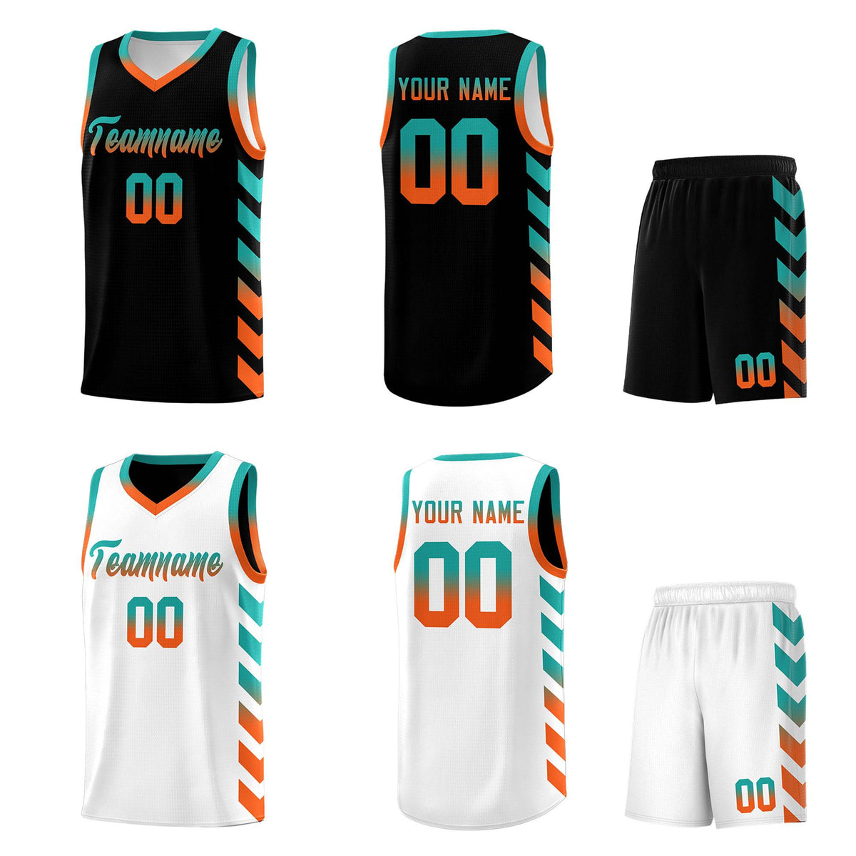 Custom White Black Reversible Basketball Jersey Kits - Side Arrow Aqua Orange Gradient