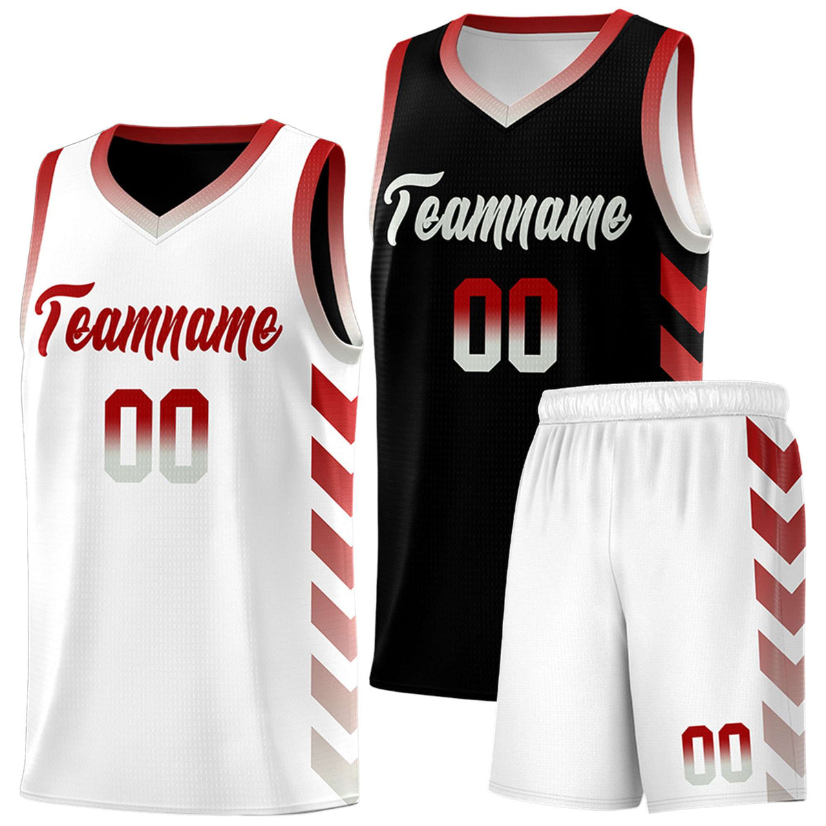 Custom White Black Reversible Basketball Jersey Kits - Side Arrow Red Gray Gradient