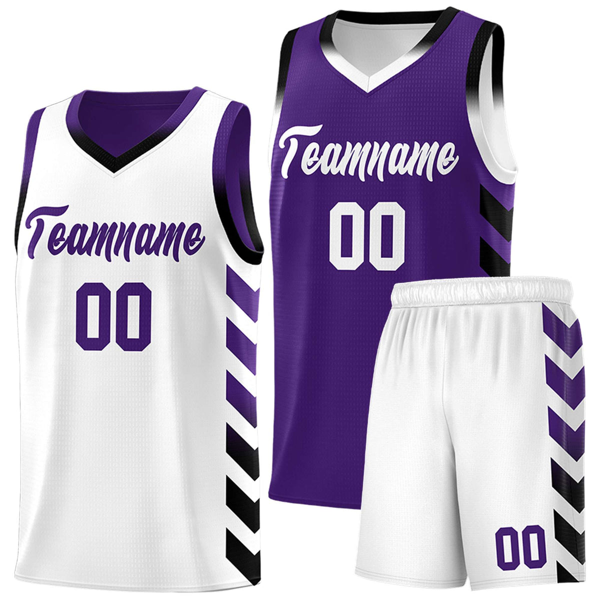 Custom White Purple Reversible Basketball Jersey Kits - Side Arrow Purple Black Gradient