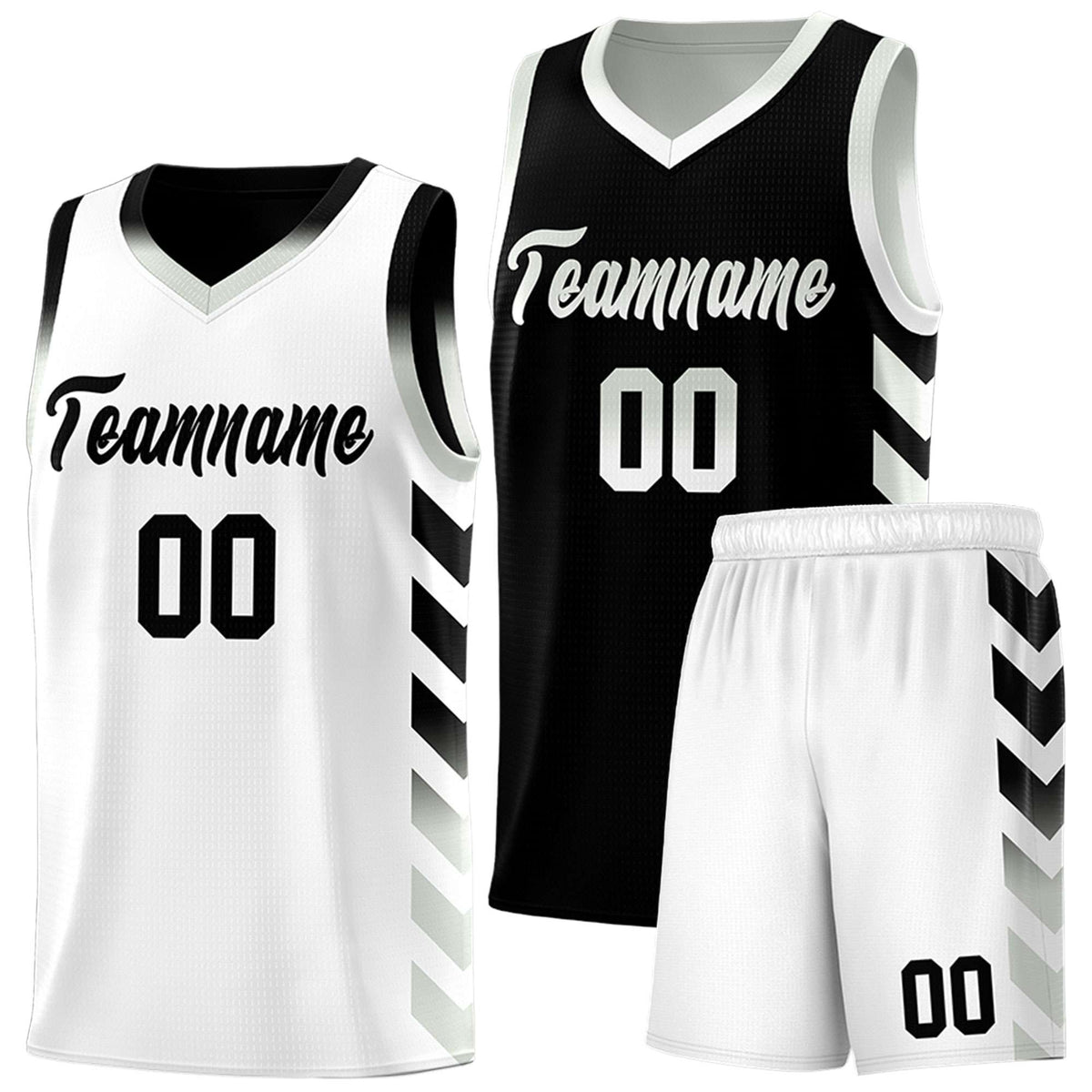 Custom White Black Reversible Basketball Jersey Kits - Side Arrow Black Gray Gradient