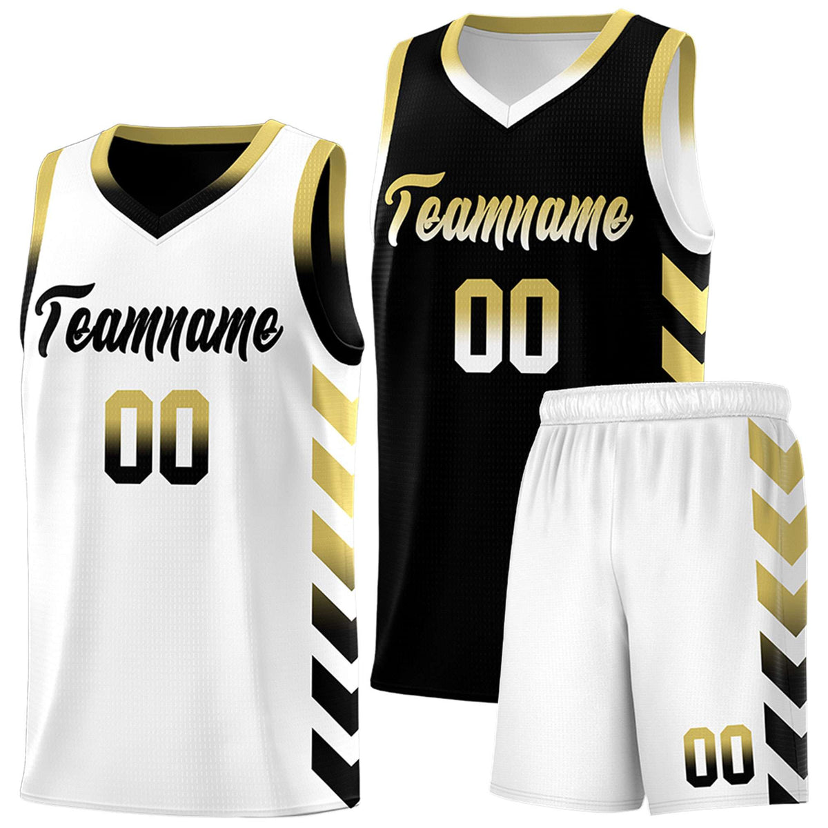 Custom White Black Reversible Basketball Jersey Kits - Side Arrow Old Gold Black Gradient