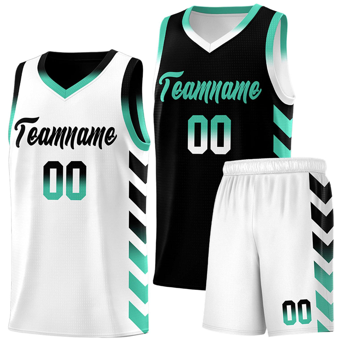 Custom White Black Reversible Basketball Jersey Kits - Side Arrow Black Bright Green Gradient