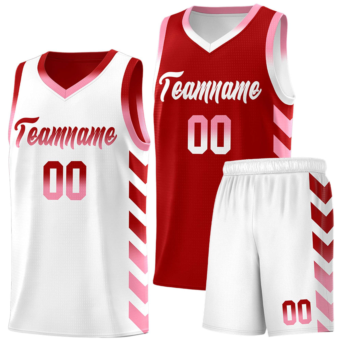 Custom White Red Reversible Basketball Jersey Kits - Side Arrow Red Light Pink Gradient