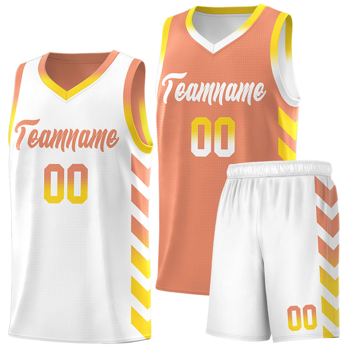 Custom White Light Orange Reversible Basketball Jersey Kits - Side Arrow Light Orange Gold Gradient