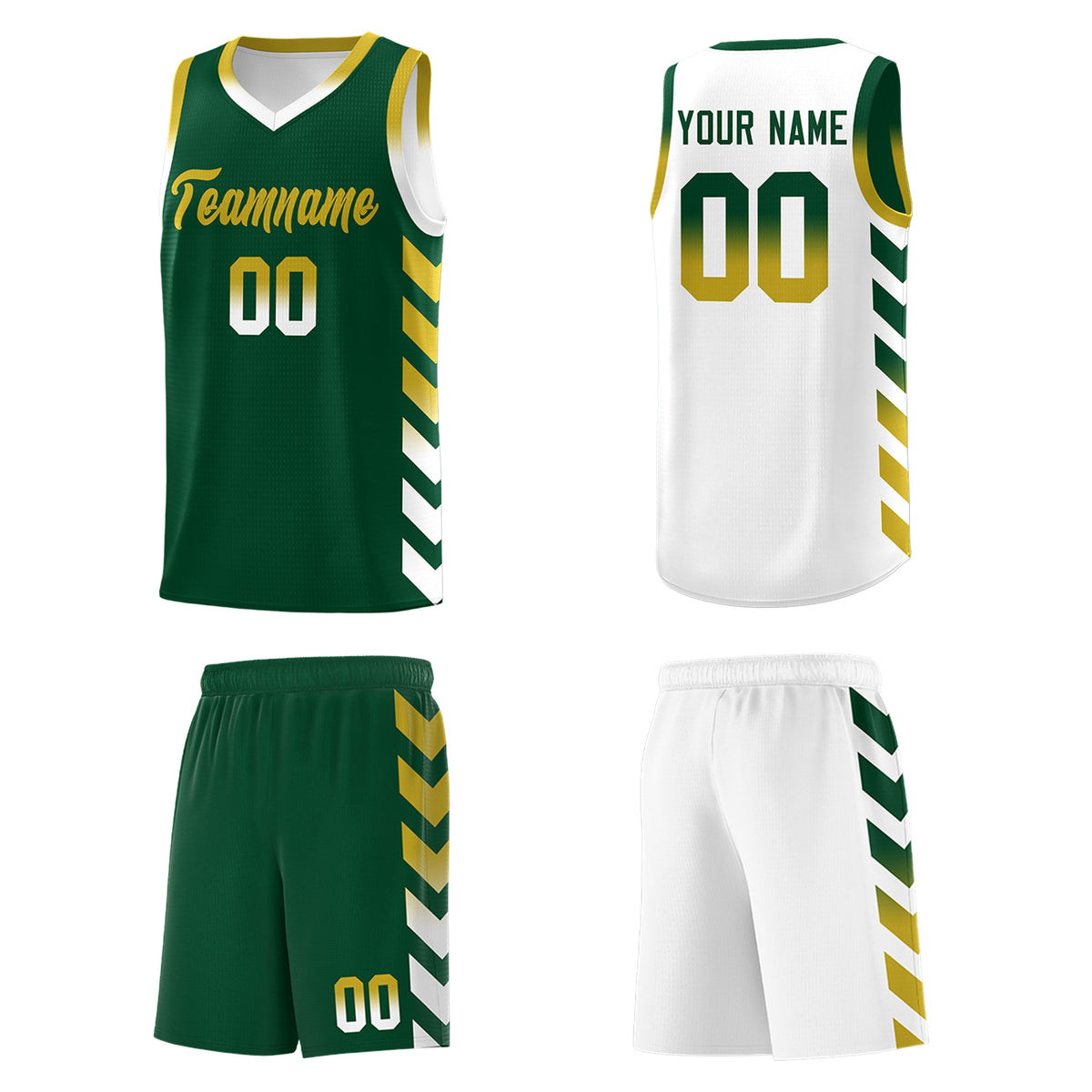 Custom White Green Reversible Basketball Jersey Kits - Side Arrow Green Old Gold Gradient