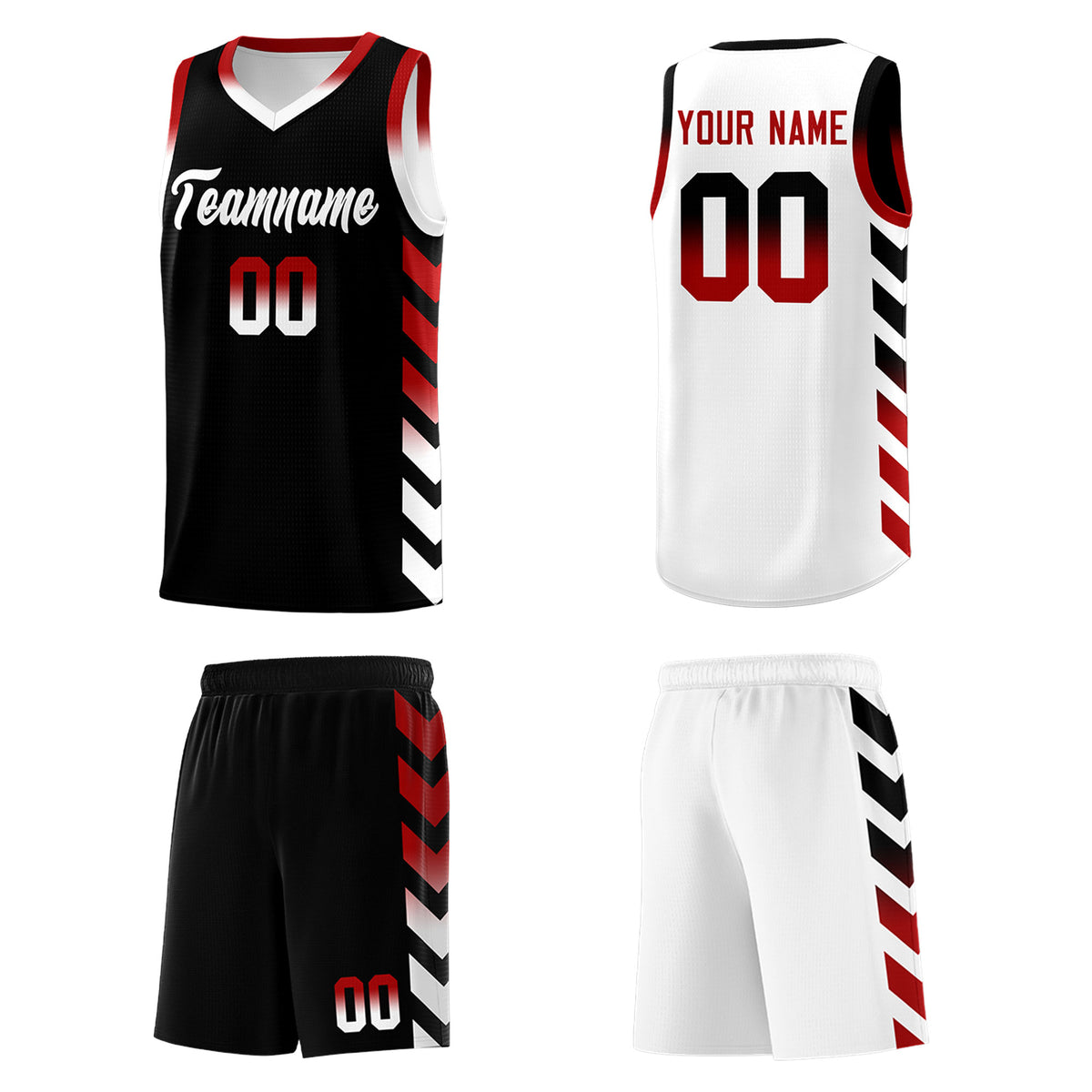 Custom White Black Reversible Basketball Jersey Kits - Side Arrow Black Red Gradient