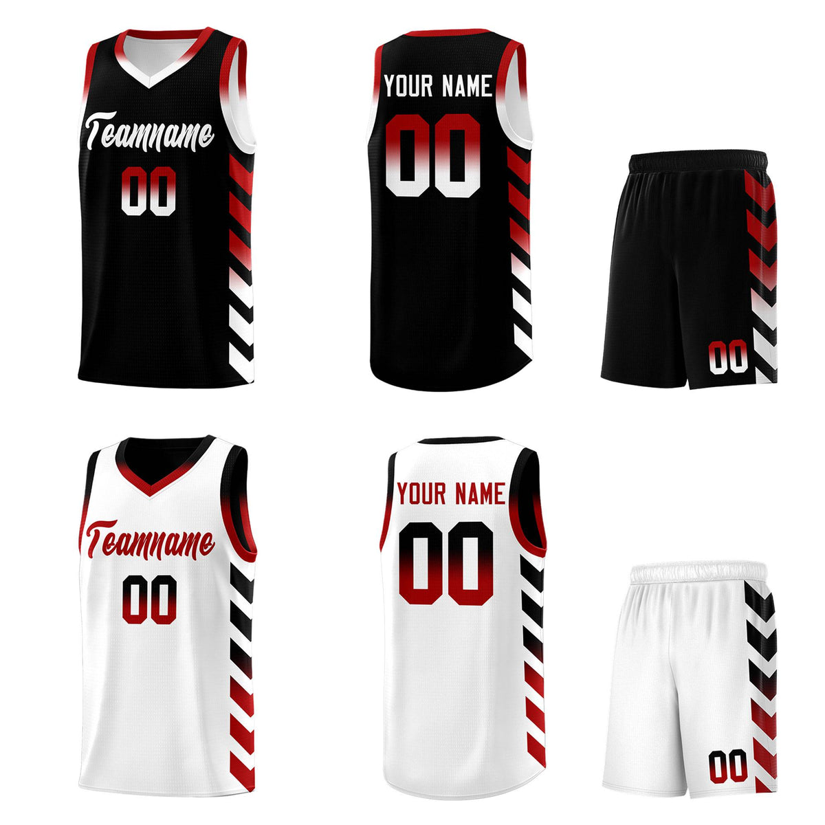 Custom White Black Reversible Basketball Jersey Kits - Side Arrow Black Red Gradient
