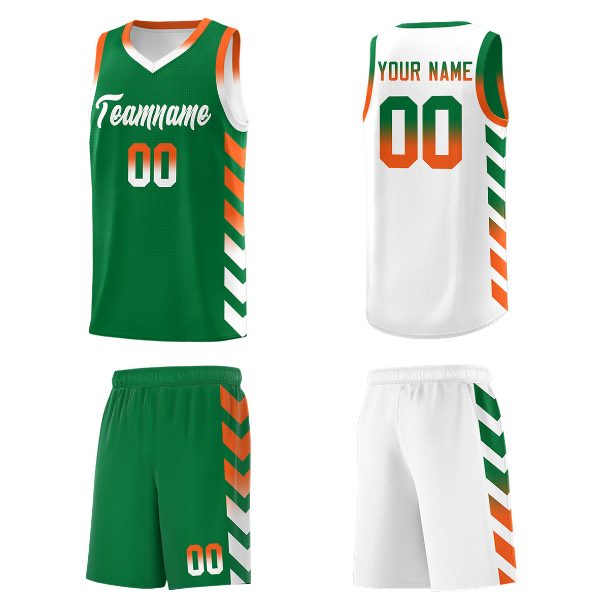 Custom White Kelly Green Reversible Basketball Jersey Kits - Side Arrow Kelly Green Orange Gradient