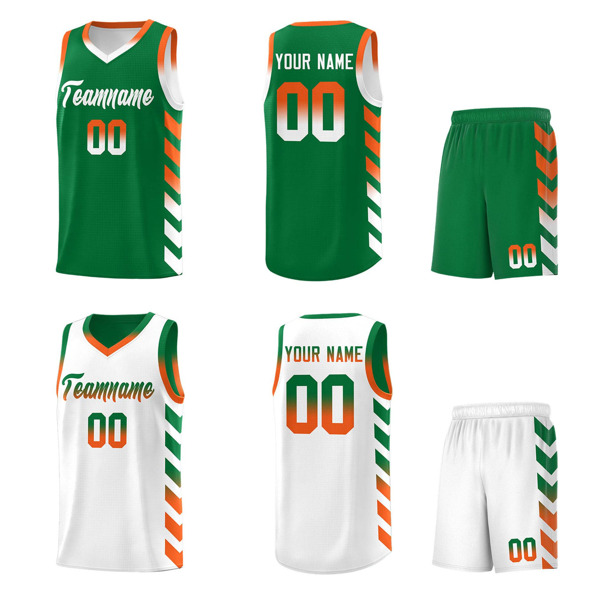 Custom White Kelly Green Reversible Basketball Jersey Kits - Side Arrow Kelly Green Orange Gradient