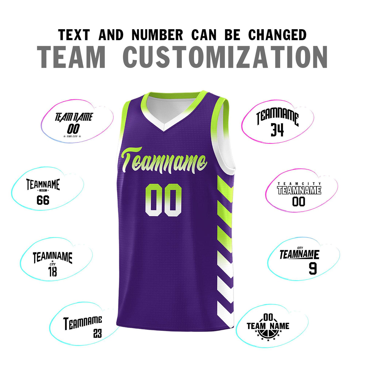 Custom White Purple Reversible Basketball Jersey Kits - Side Arrow Purple Neon Green Gradient