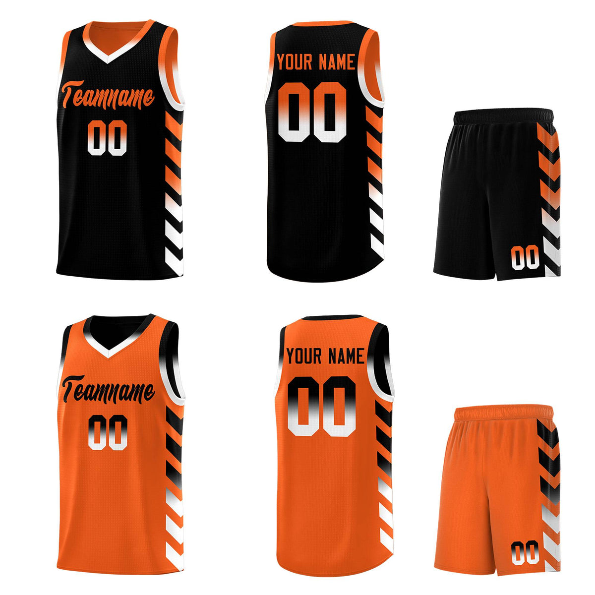 Custom Orange Black Reversible Basketball Jersey Kits - Side Arrow Black White Gradient