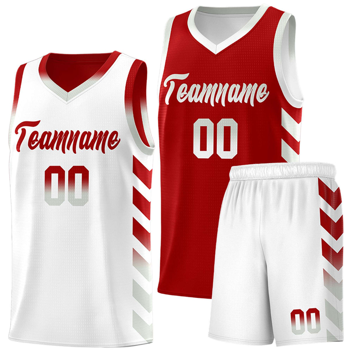 Custom White Red Reversible Basketball Jersey Kits - Side Arrow Red Gray Gradient