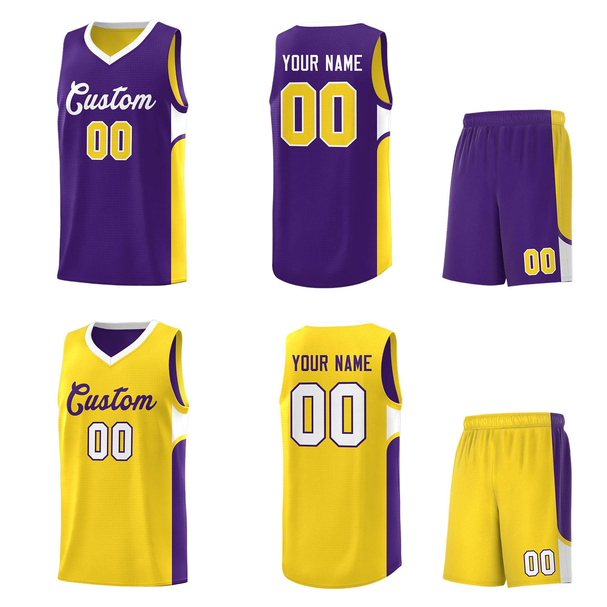 Custom Purple Gold Side U-shaped Patttern Double Side Sports Uniform Basketball Jersey