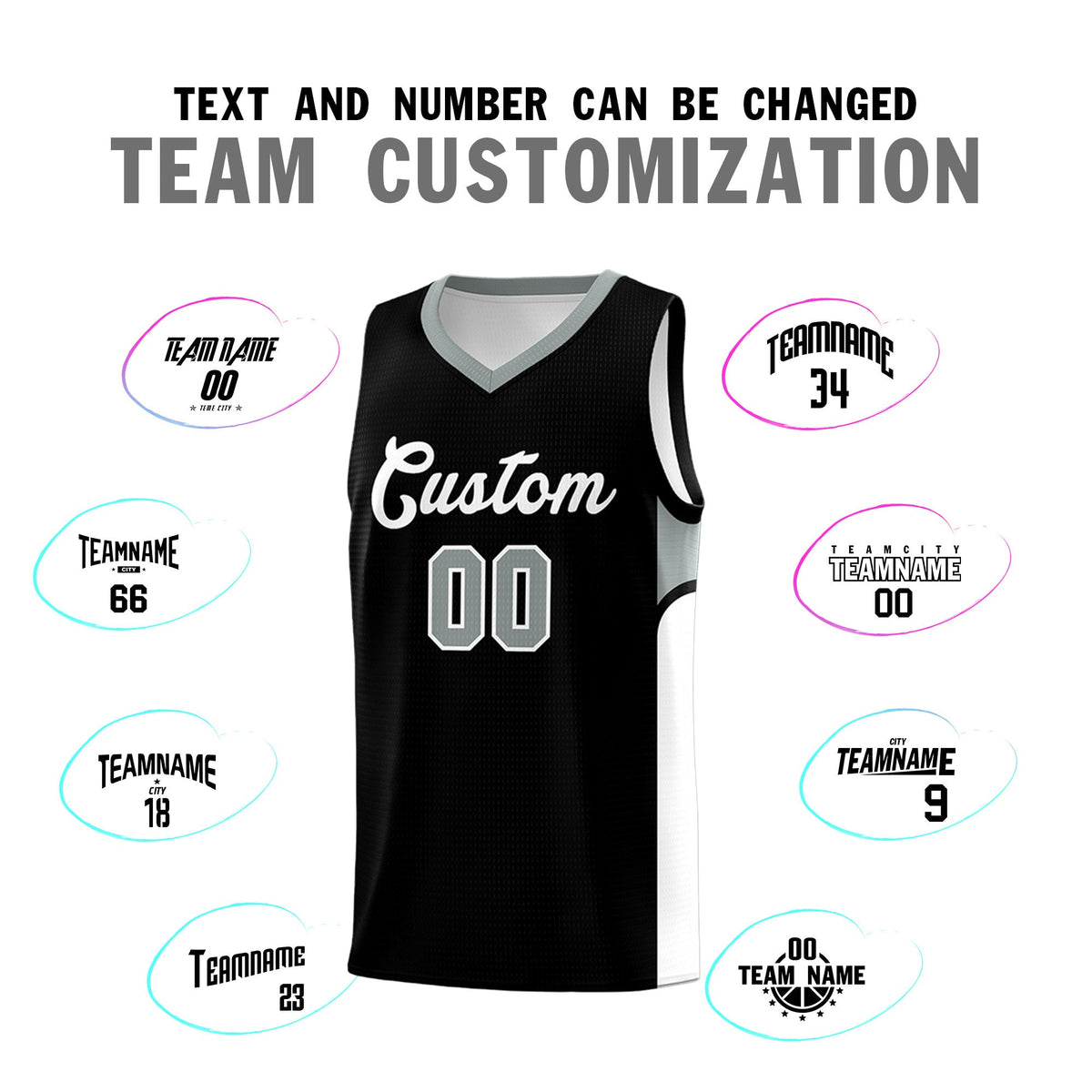 Custom Black White Side U-shaped Patttern Double Side Sports Uniform Basketball Jersey