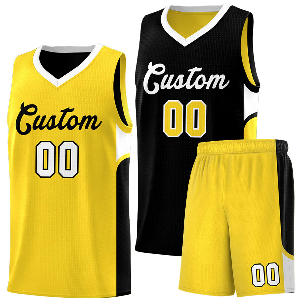 Custom Black Gold Side U-shaped Patttern Double Side Sports Uniform Basketball Jersey