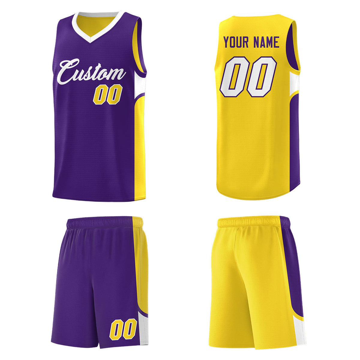 Custom Purple Gold Side U-shaped Patttern Double Side Sports Uniform Basketball Jersey