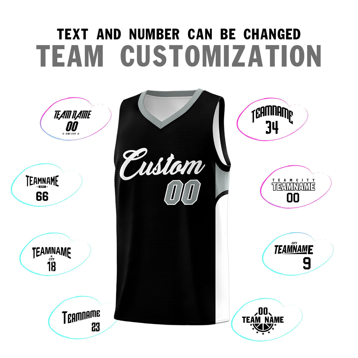 Custom Black White Side U-shaped Patttern Double Side Sports Uniform Basketball Jersey