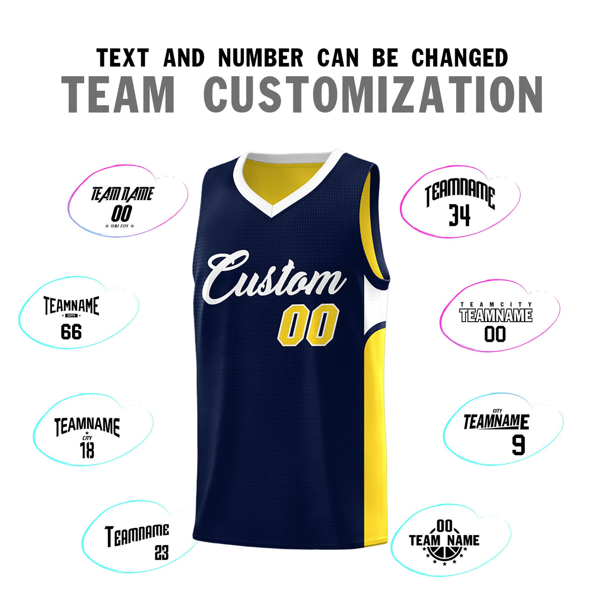 Custom Navy Gold Side U-shaped Patttern Double Side Sports Uniform Basketball Jersey