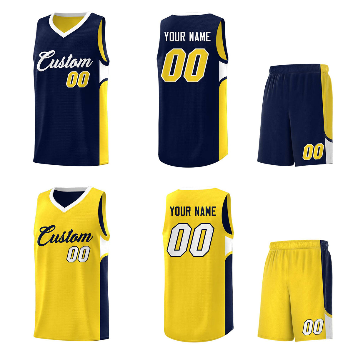 Custom Navy Gold Side U-shaped Patttern Double Side Sports Uniform Basketball Jersey