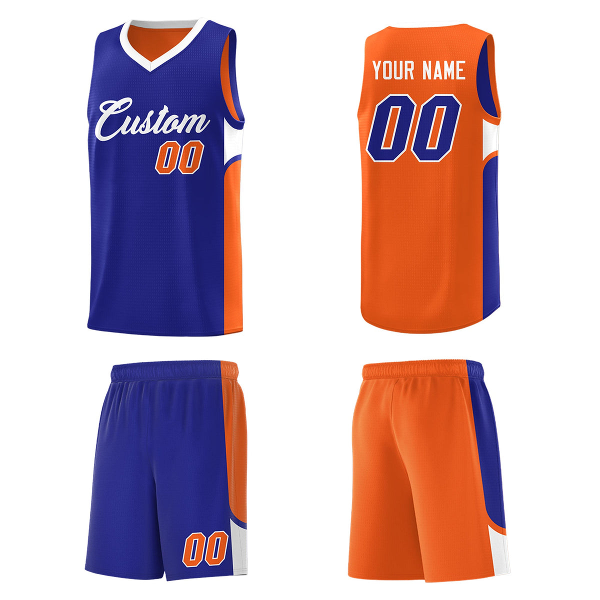 Custom Royal Orange Side U-shaped Patttern Double Side Sports Uniform Basketball Jersey