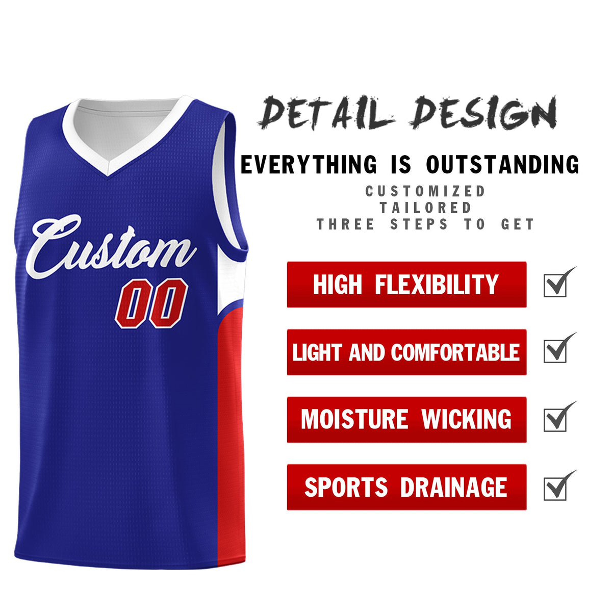 Custom Royal White Side U-shaped Patttern Double Side Sports Uniform Basketball Jersey