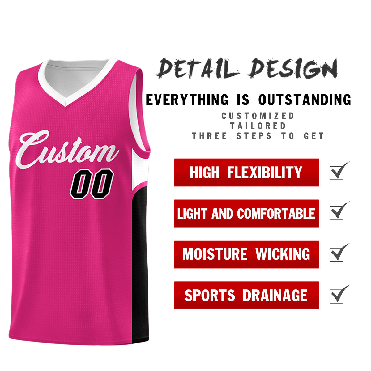 Custom Pink White Side U-shaped Patttern Double Side Sports Uniform Basketball Jersey