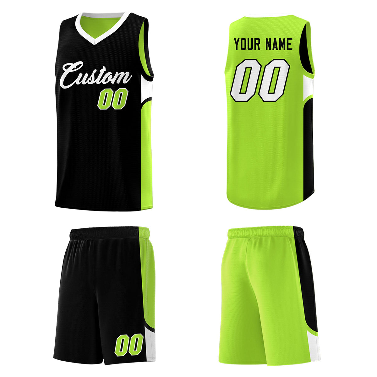 Custom Black Neon Green Side U-shaped Patttern Double Side Sports Uniform Basketball Jersey