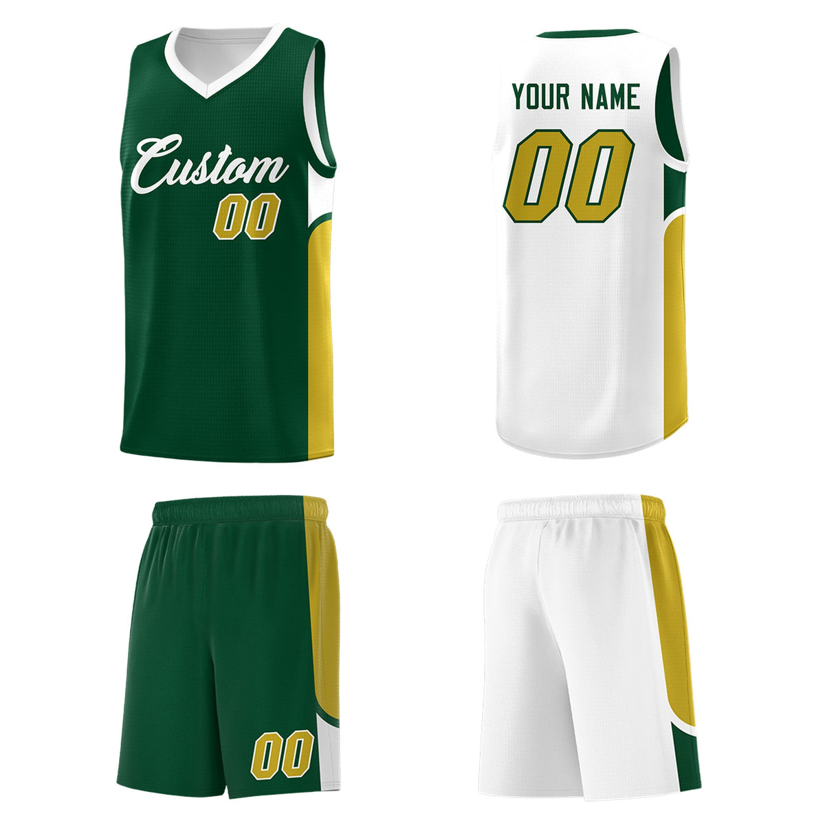 Custom Green White Side U-shaped Patttern Double Side Sports Uniform Basketball Jersey