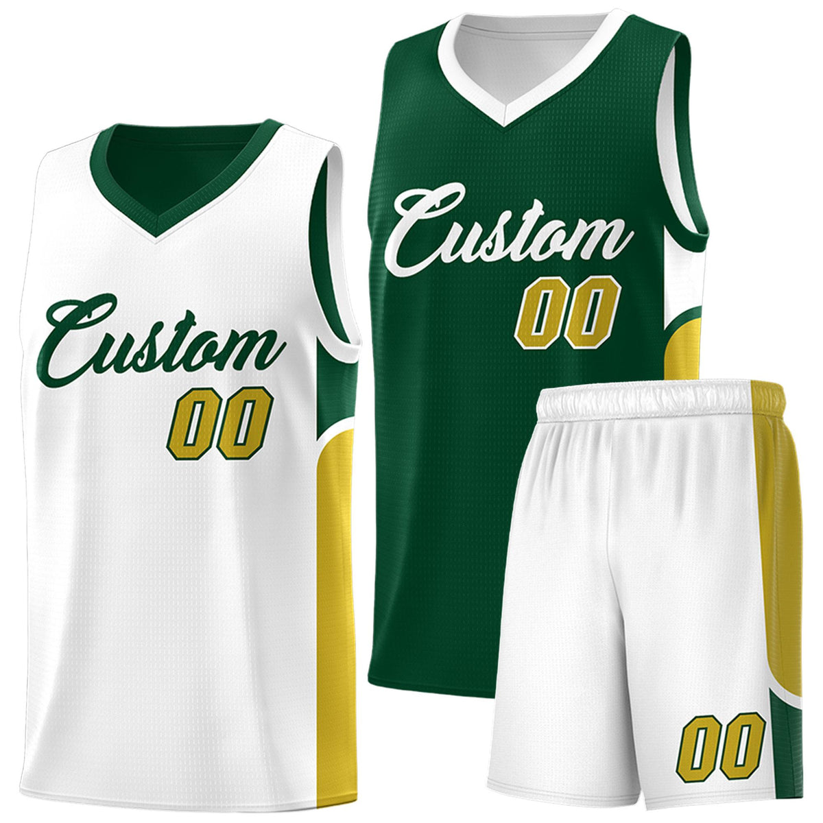 Custom Green White Side U-shaped Patttern Double Side Sports Uniform Basketball Jersey
