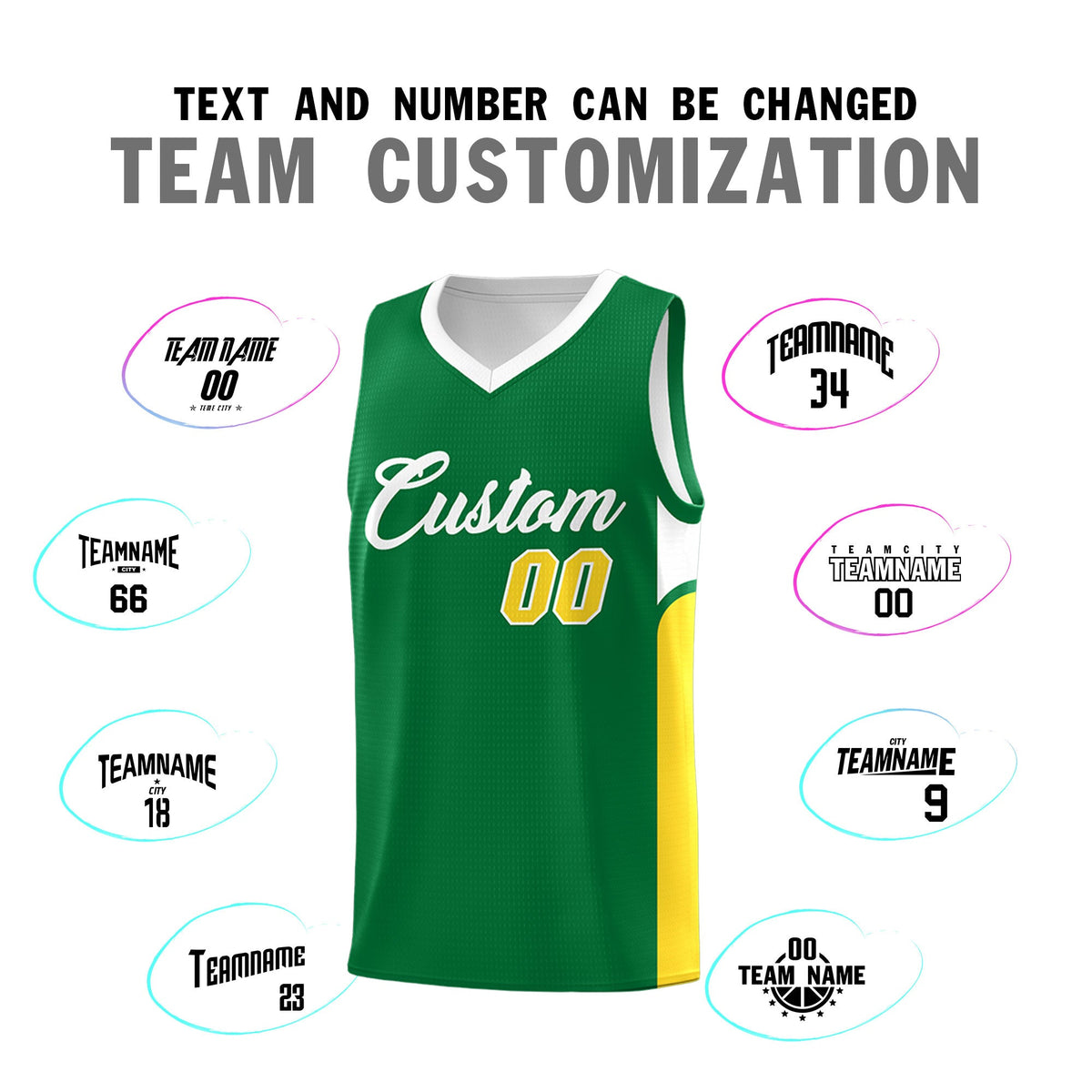 Custom Kelly Green White Side U-shaped Patttern Double Side Sports Uniform Basketball Jersey