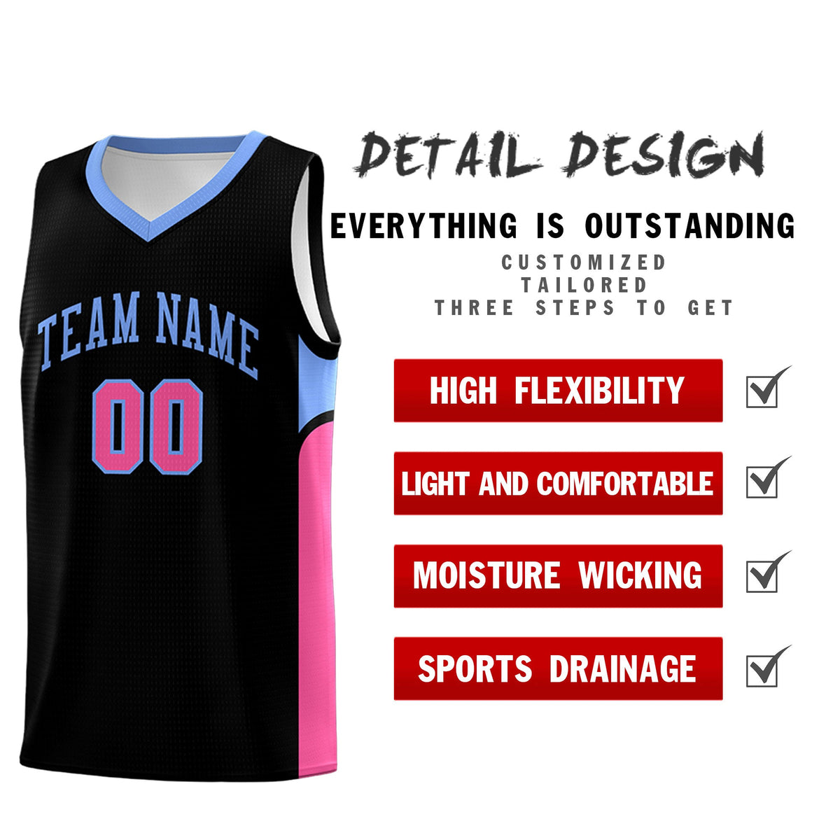 Custom Black White Side U-shaped Patttern Double Side Sports Uniform Basketball Jersey
