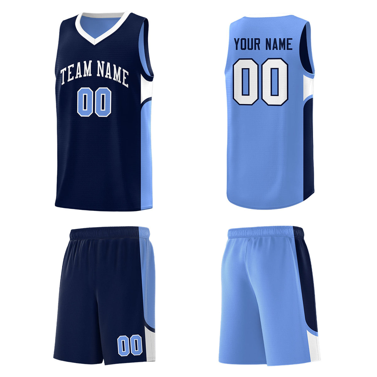 Custom Navy Light Blue Side U-shaped Patttern Double Side Sports Uniform Basketball Jersey