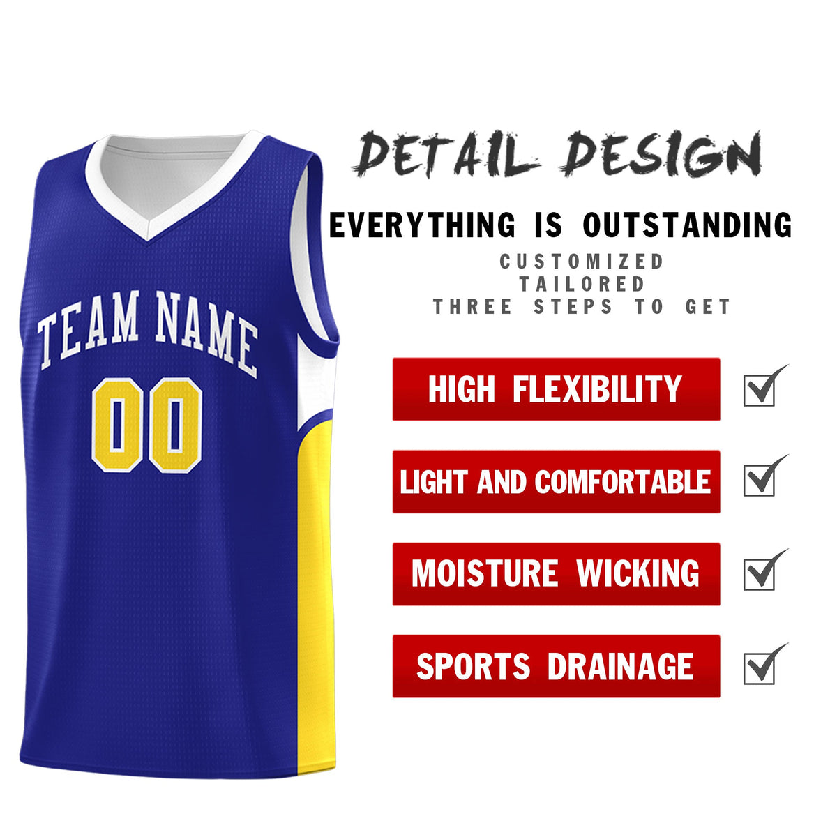 Custom Royal White Side U-shaped Patttern Double Side Sports Uniform Basketball Jersey
